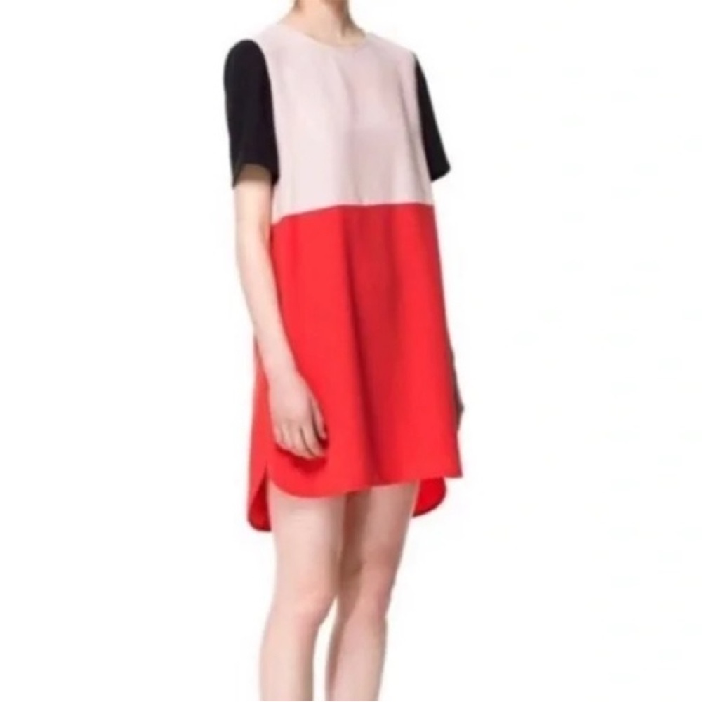 Zara Red Pink Black Colorblock Short Sleeve Crewneck Shift Mini Dress [Small]